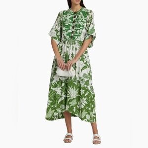 FARM Rio Forrest Soul Midi Dress Green & White Eyelet XS New With Flaw